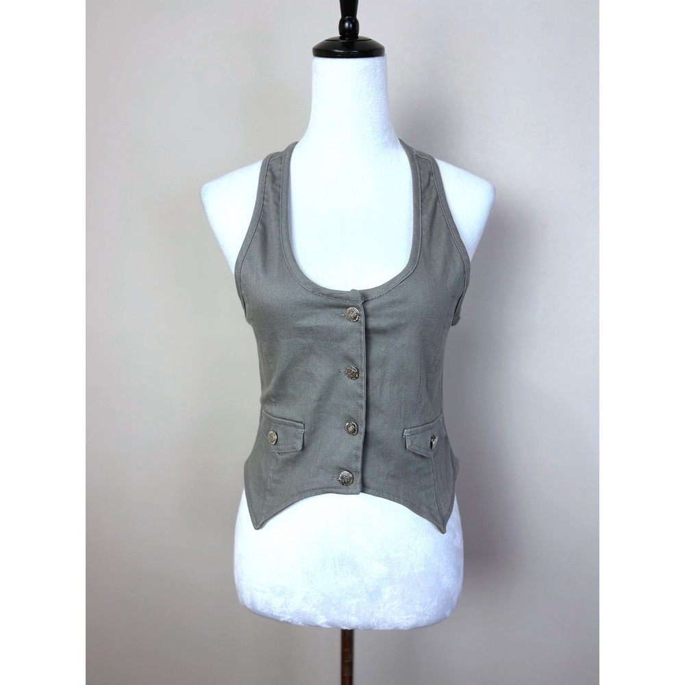 Y2K Grey Denim Vest Women's Size Medium 2000 Office Siren Punk Academia Hipster